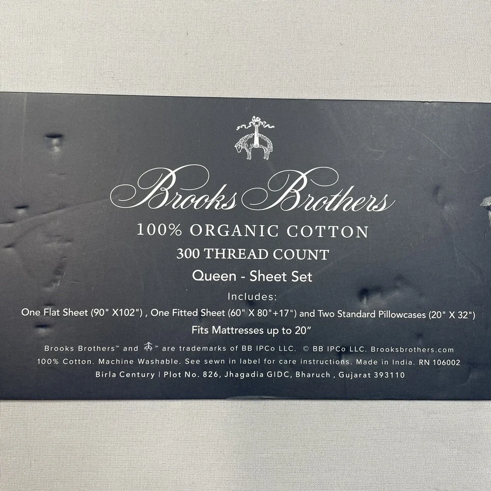 BROOKS BROTHERS Organic Cotton 300 Thread Count Gray 4PC QUEEN Sheet Set NWT‎